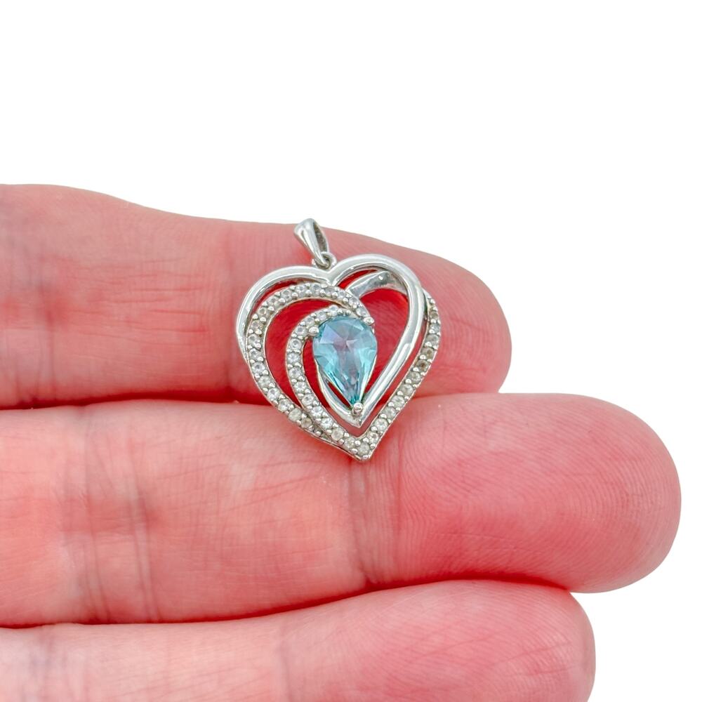 Vintage Sterling Silver 925 Blue Topaz Diamond Heart Pendant
